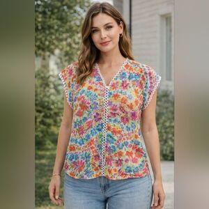 Talbots Floral Cotton Top SP Scallop Trim Colorful Boho Cottagecore Soft Girl
